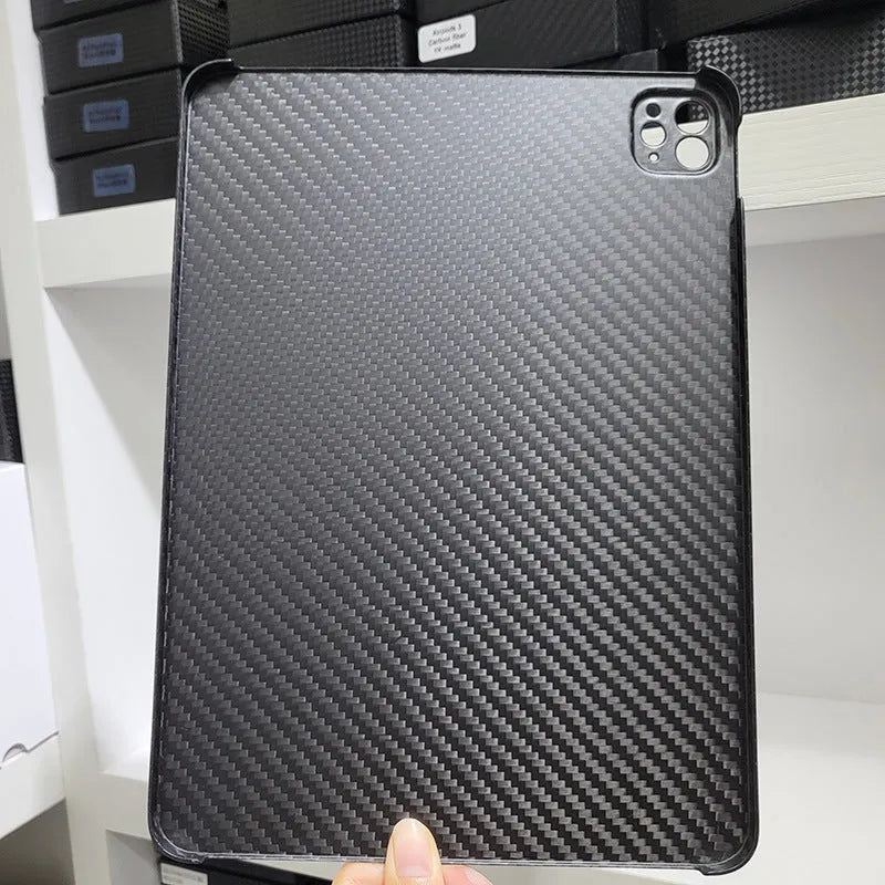 Carbon fibre flat protective cover for iPad Pro 11 inch in a plaid design with embossing.