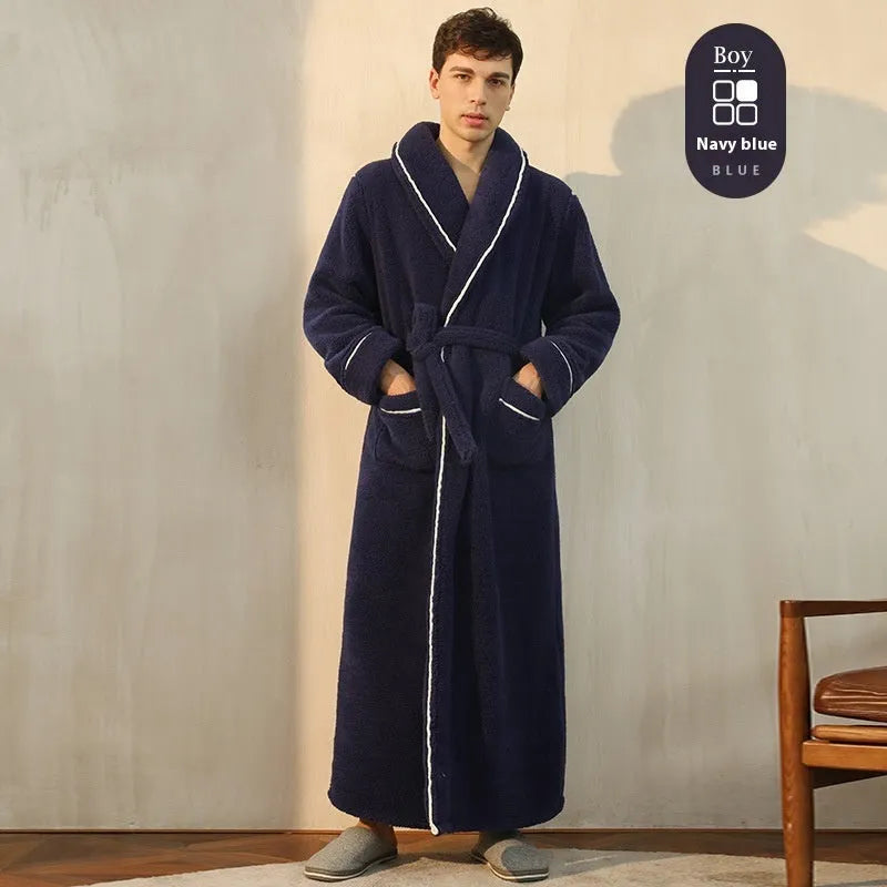 Super thick flannel couple's bathrobe in navy blue, shown on a hanger.