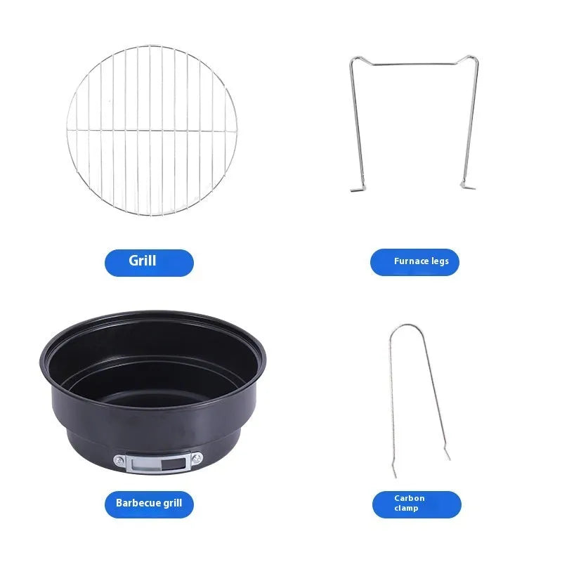 Small round folding outdoor ice stove with barbecue grill and mesh for 1-2 people.