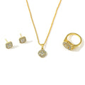 Three-piece alloy rhinestone wedding jewellery set with ring, stud earrings, and necklace in gold finish