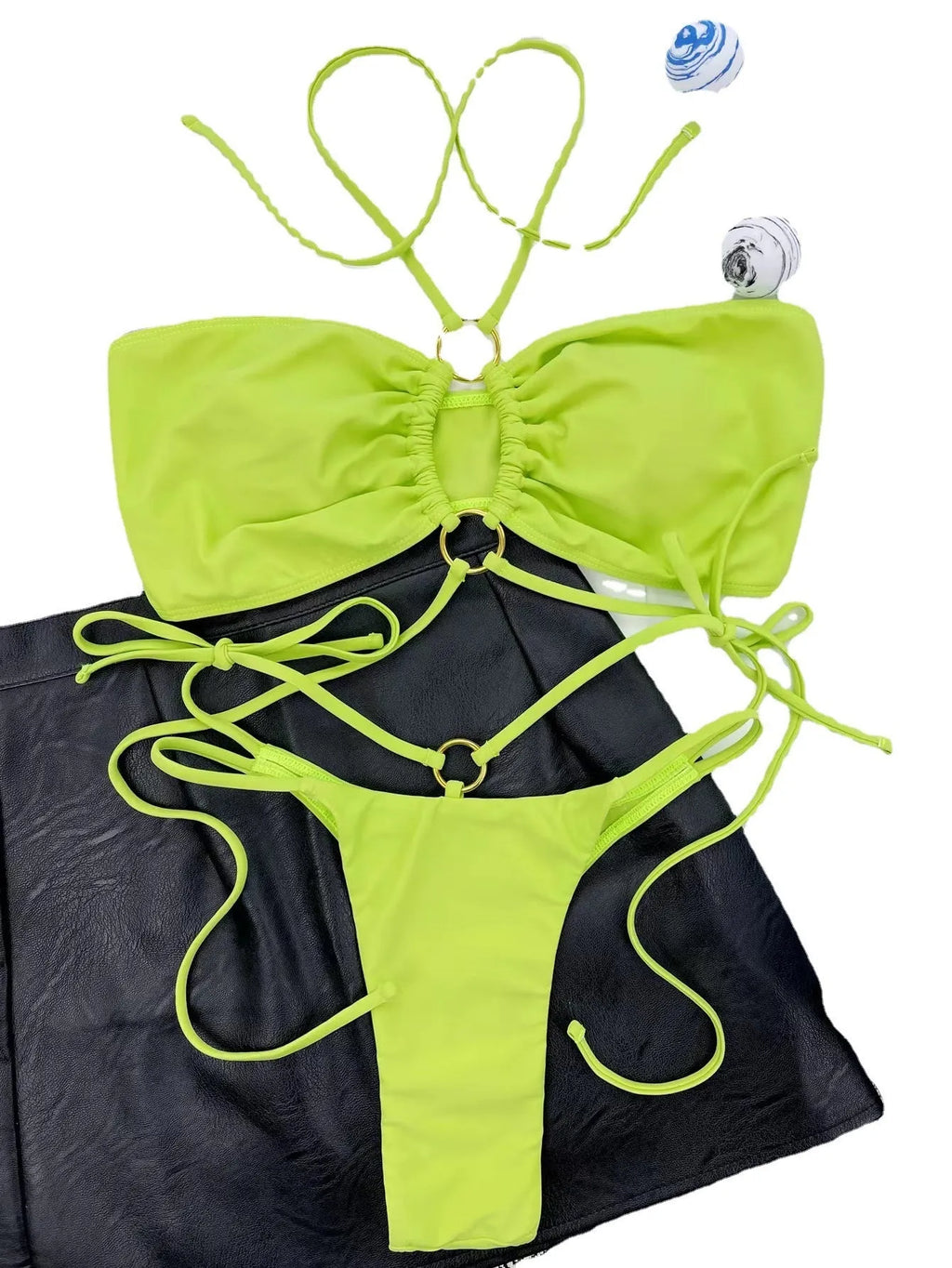 Women's yellow green triangle bikini swimsuit with front lace-up detail