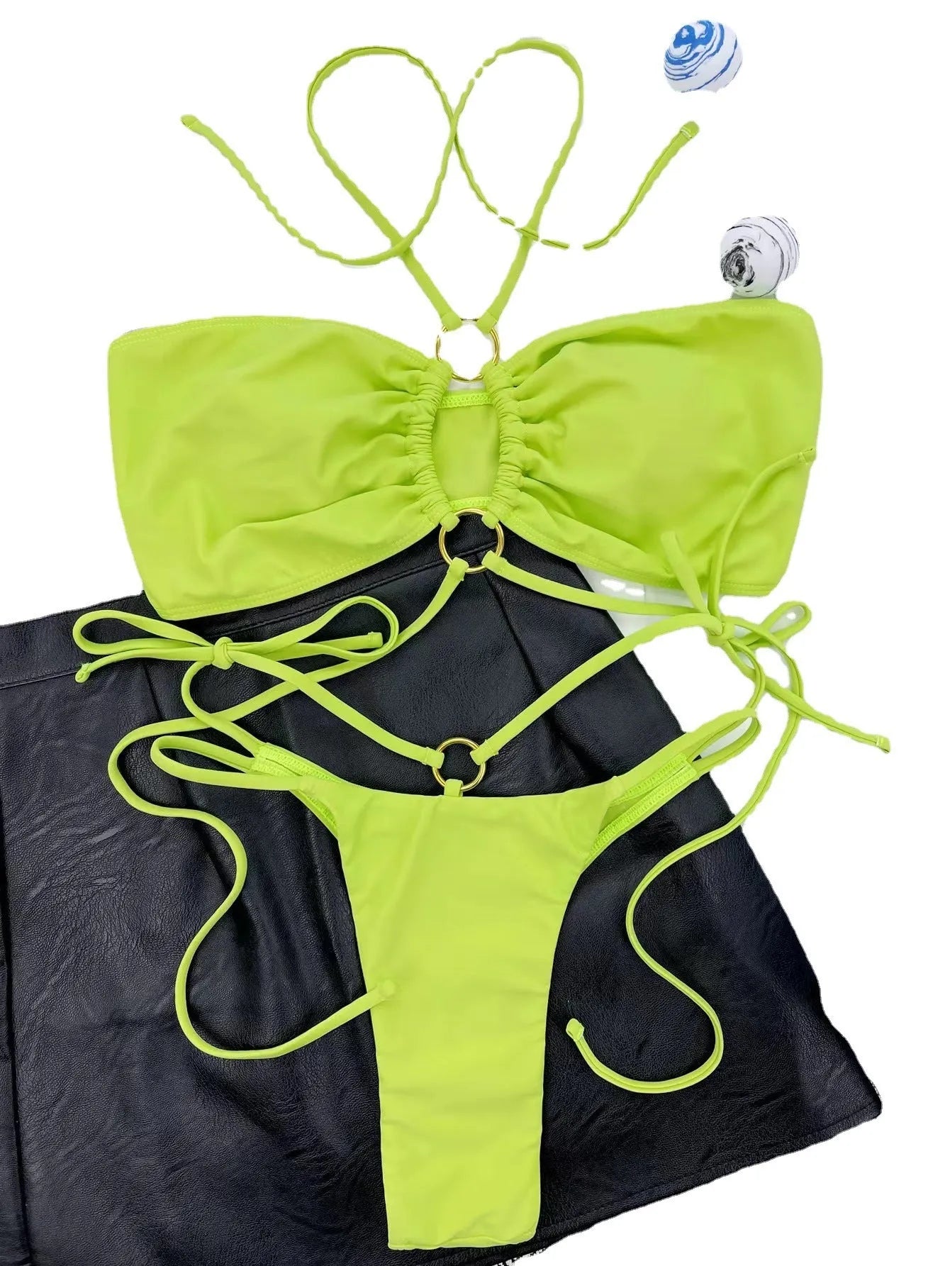 Women's yellow green triangle bikini swimsuit with front lace-up detail