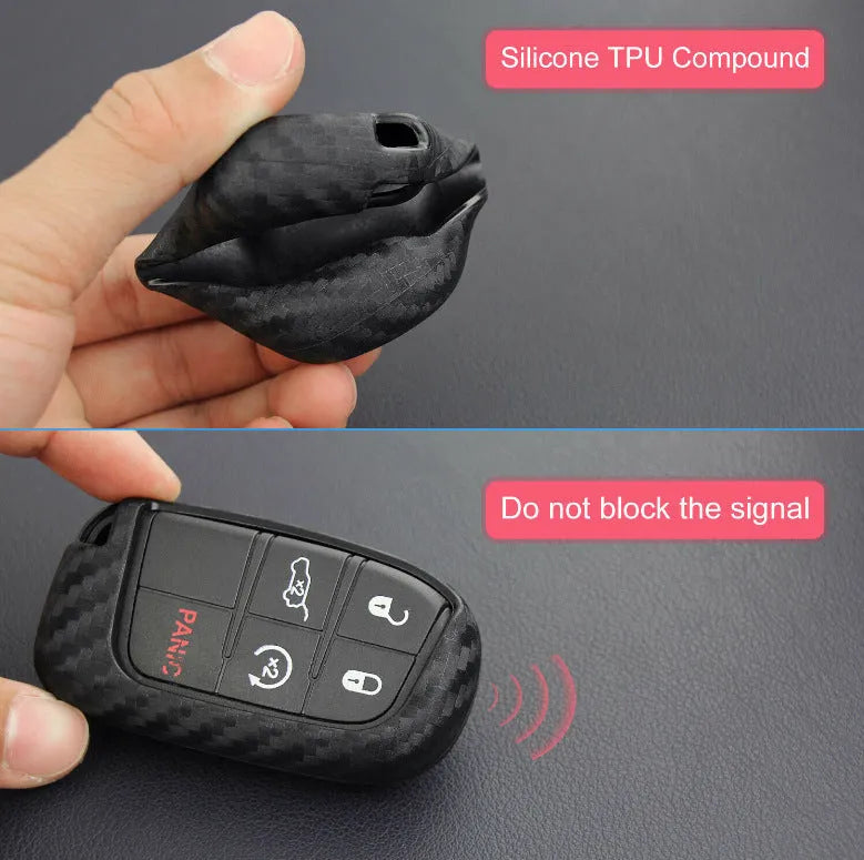 Black carbon fibre silicone key case for Dodge Chrysler Fiat car remote keys, shown in bag and buckle styles.