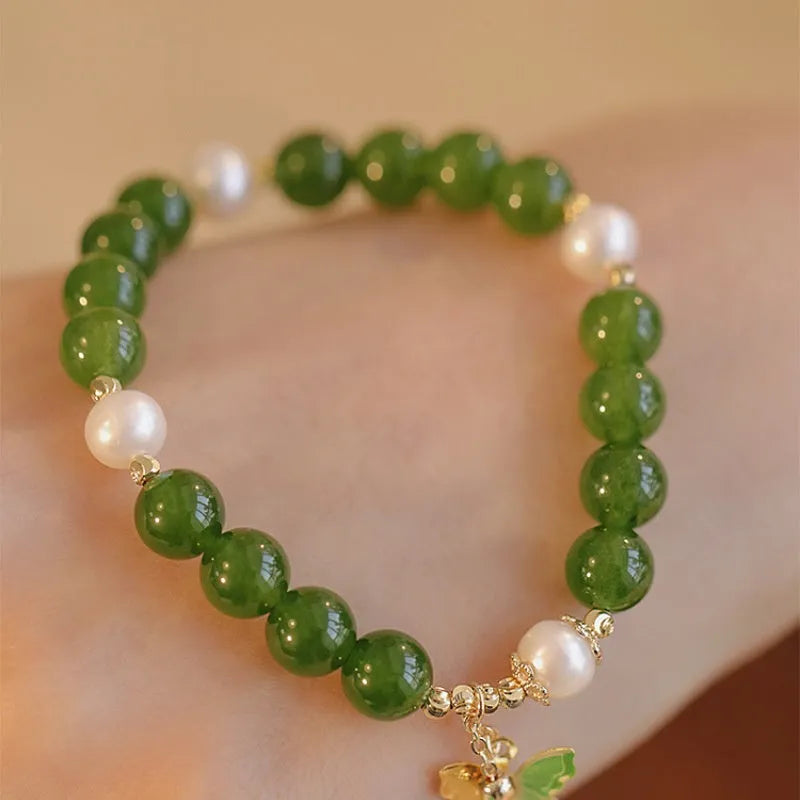 Natural green chalcedony women's bracelet with geometric round elements and handmade construction