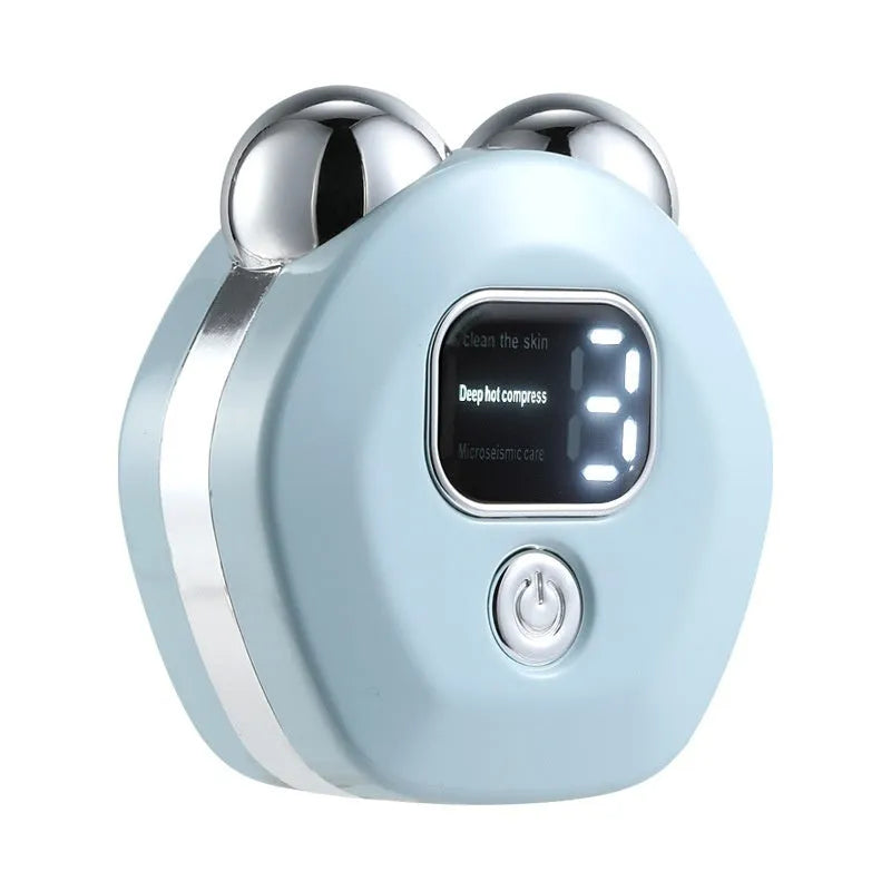 Portable micro current facial massage instrument with dual-roller head in light blue colour