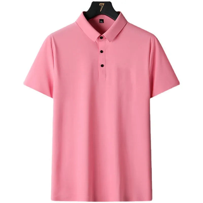 Non-ironing business casual solid colour men's short sleeve nylon shirt in navy blue, front view