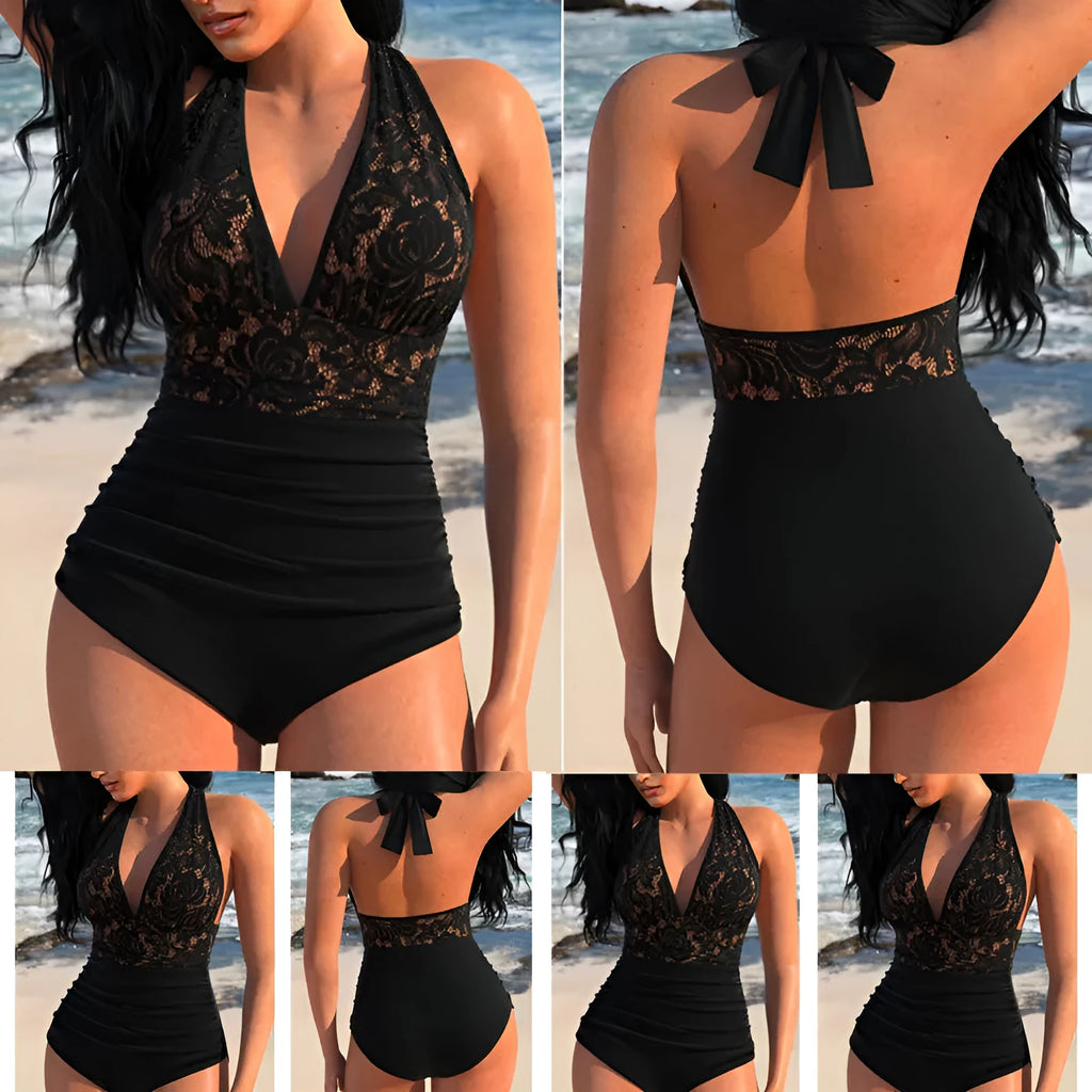 Black polyester patchwork backless tight-fitting one-piece swimsuit on display