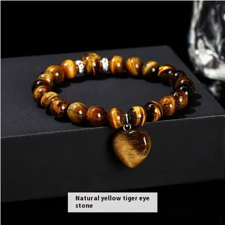 Handmade natural crystal bracelet with six stone types in geometric round beads, showing 8mm and 10mm purity size options