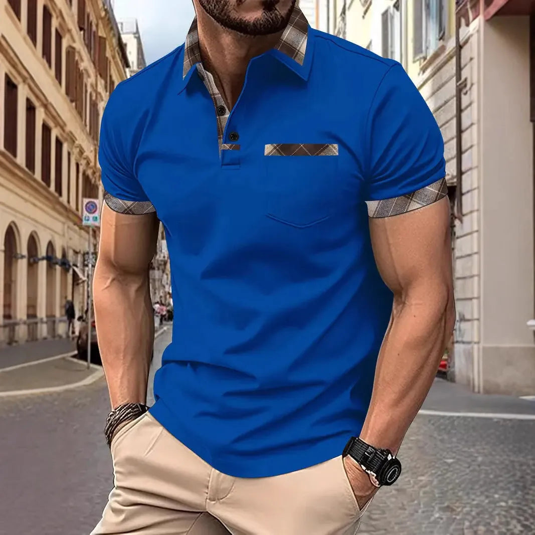 Men's plaid colourblock t-shirt with zipper decorations on polyester fabric in multiple colours