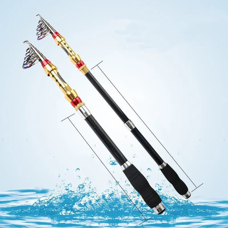 Carbon fibre telescopic spinning fishing rod with metal handle, extended, on a boat deck.