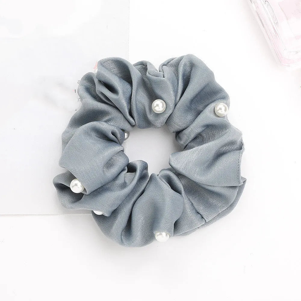 Set of 6 cloth-covered rubber hair rings in black, dark blue, grey, light blue, pink, and red