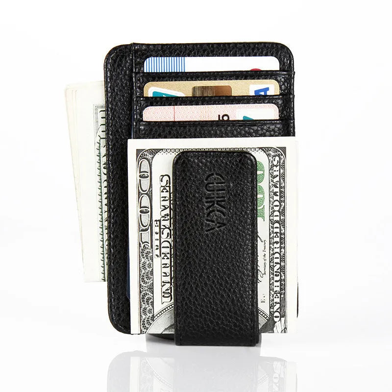 Men's PU leather wallet with magnetic snap closure in black, short square vertical shape with sewing line details