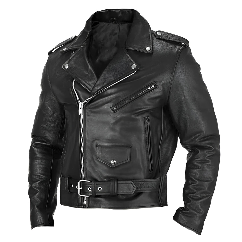 Men's PU leather motorcycle jacket in black, front view, with regular fit and punk style, sizes M to 7XL