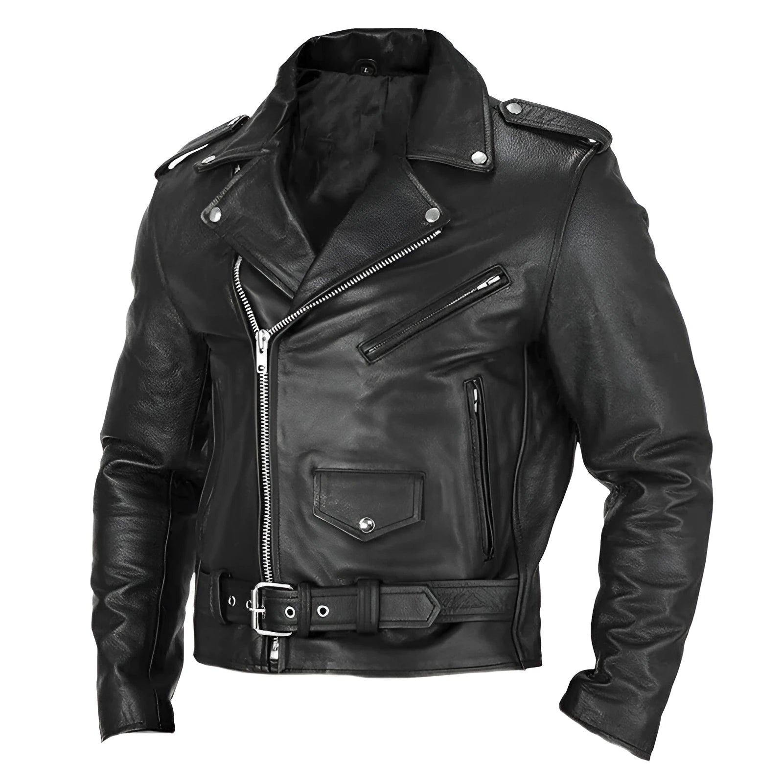 Men's PU leather motorcycle jacket in black, front view, with regular fit and punk style, sizes M to 7XL
