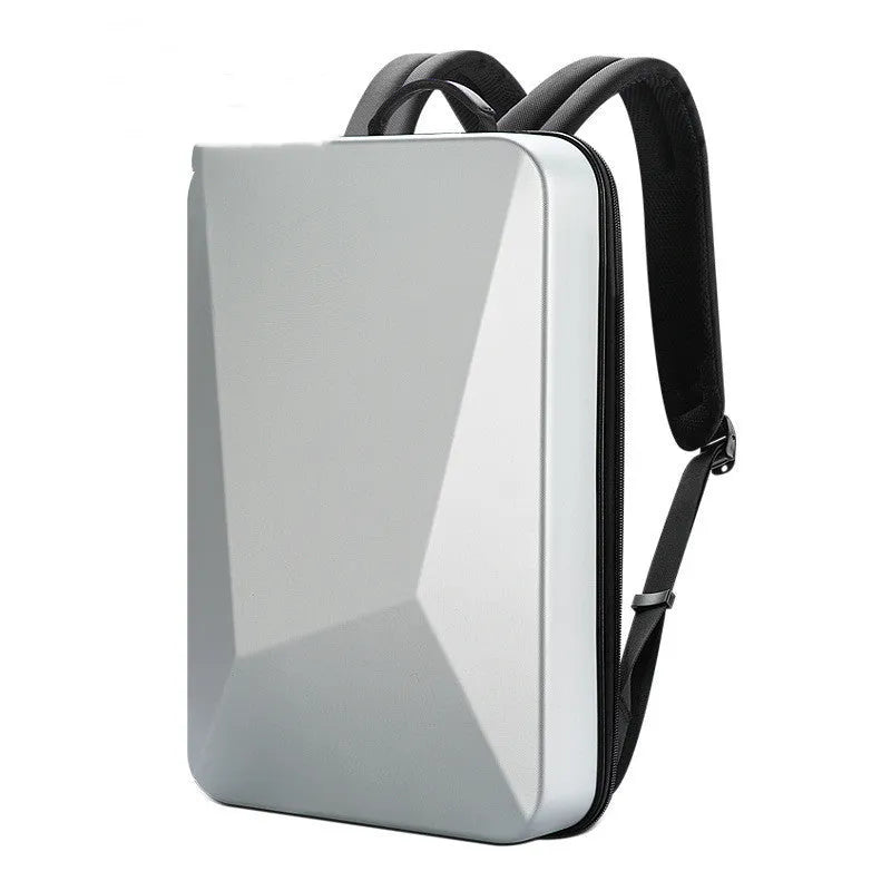 Large gaming backpack with hard PC shell, built-in lock, and double shoulder straps in Titanium Gold and Silver
