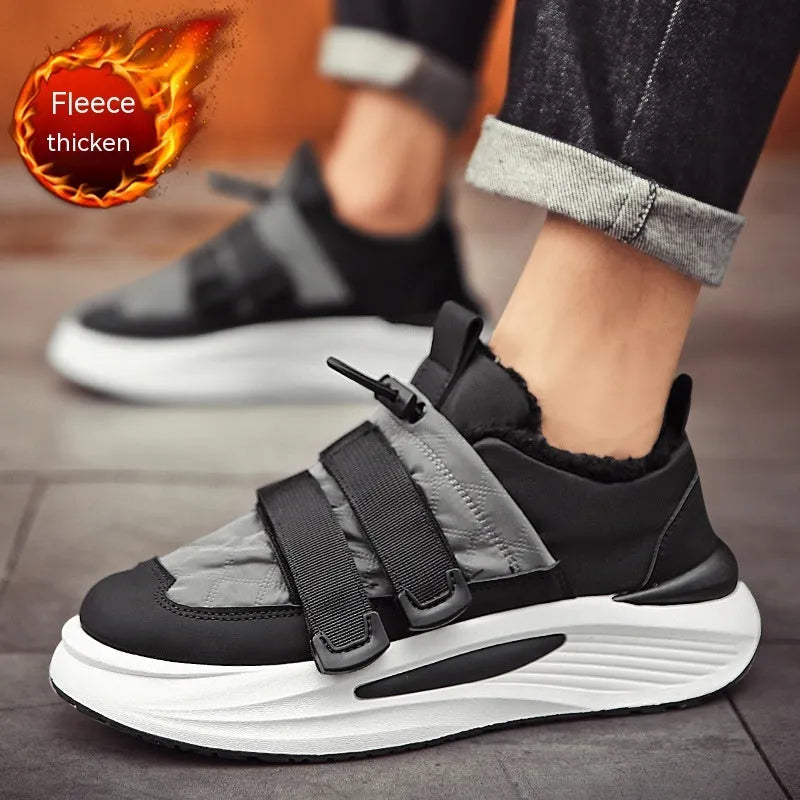 Men's black and gray platform sneakers with lace-up fastening and striped cotton upper on a white background