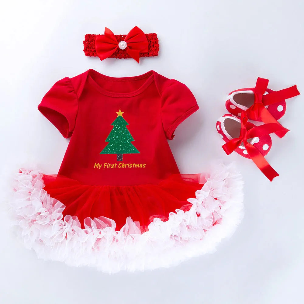 Baby short sleeve cartoon romper mesh dress set in European American style with bow and net yarn details for newborn girls