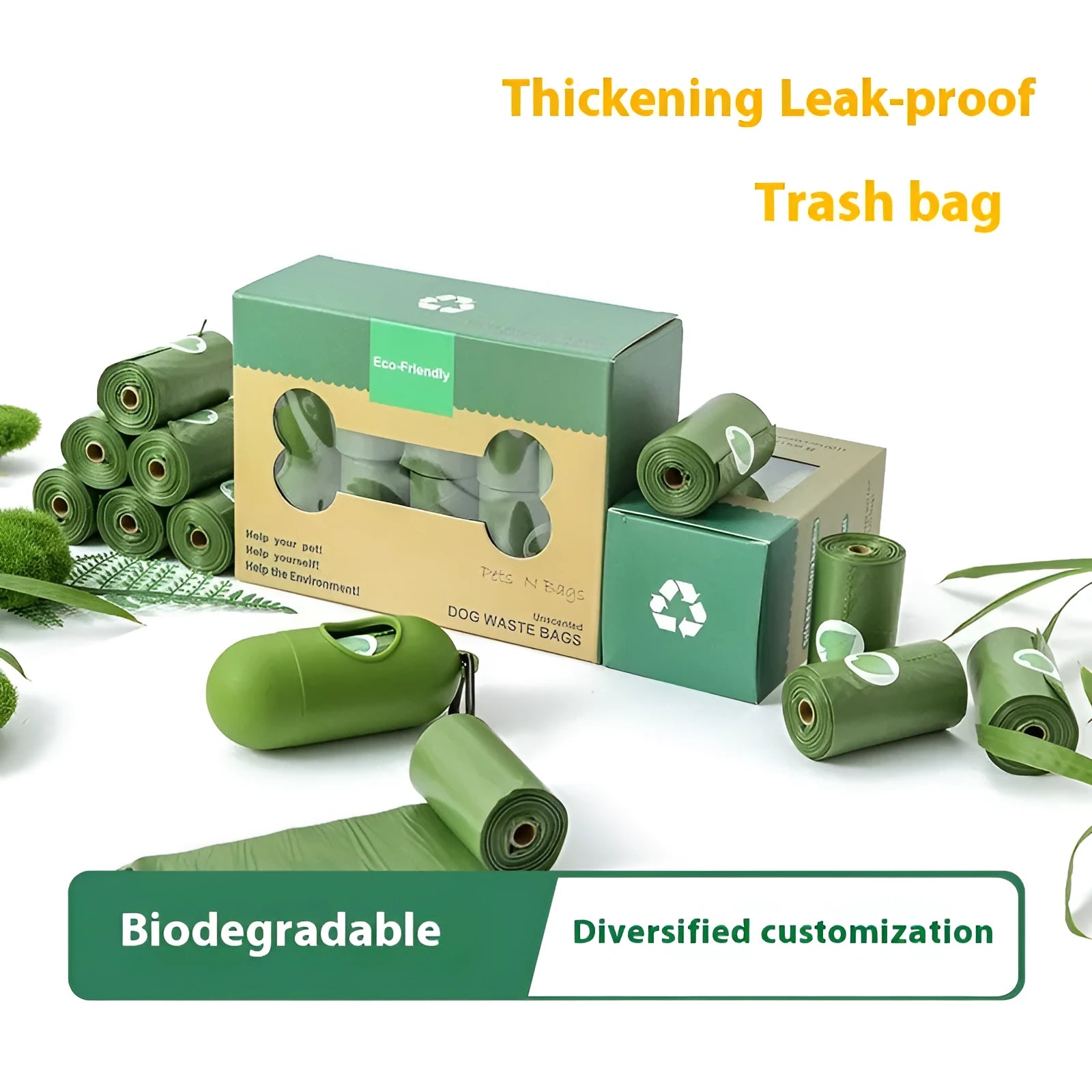 Green roll of EPI degradable thickened pet poop bags next to a green dispenser unit on a white background.