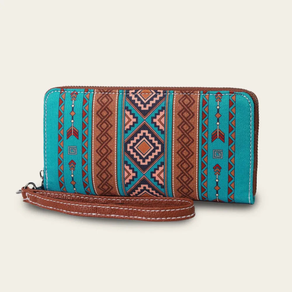 Bohemian striped canvas RFID wallet with wind belt closure in beige colour
