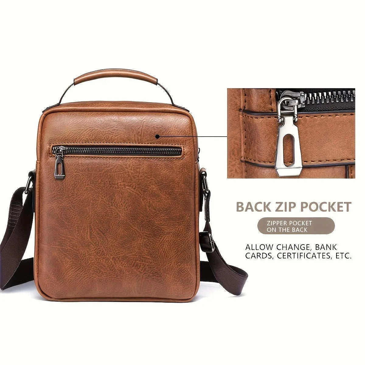 Men's brown PU leather crossbody messenger bag with metal zipper and adjustable strap on a plain background