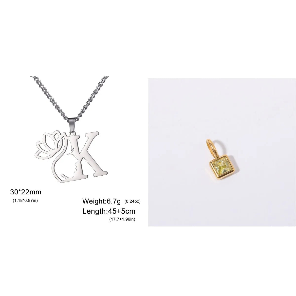 Stainless steel necklace with cross chain and a single initial pendant in a gold or silver finish.