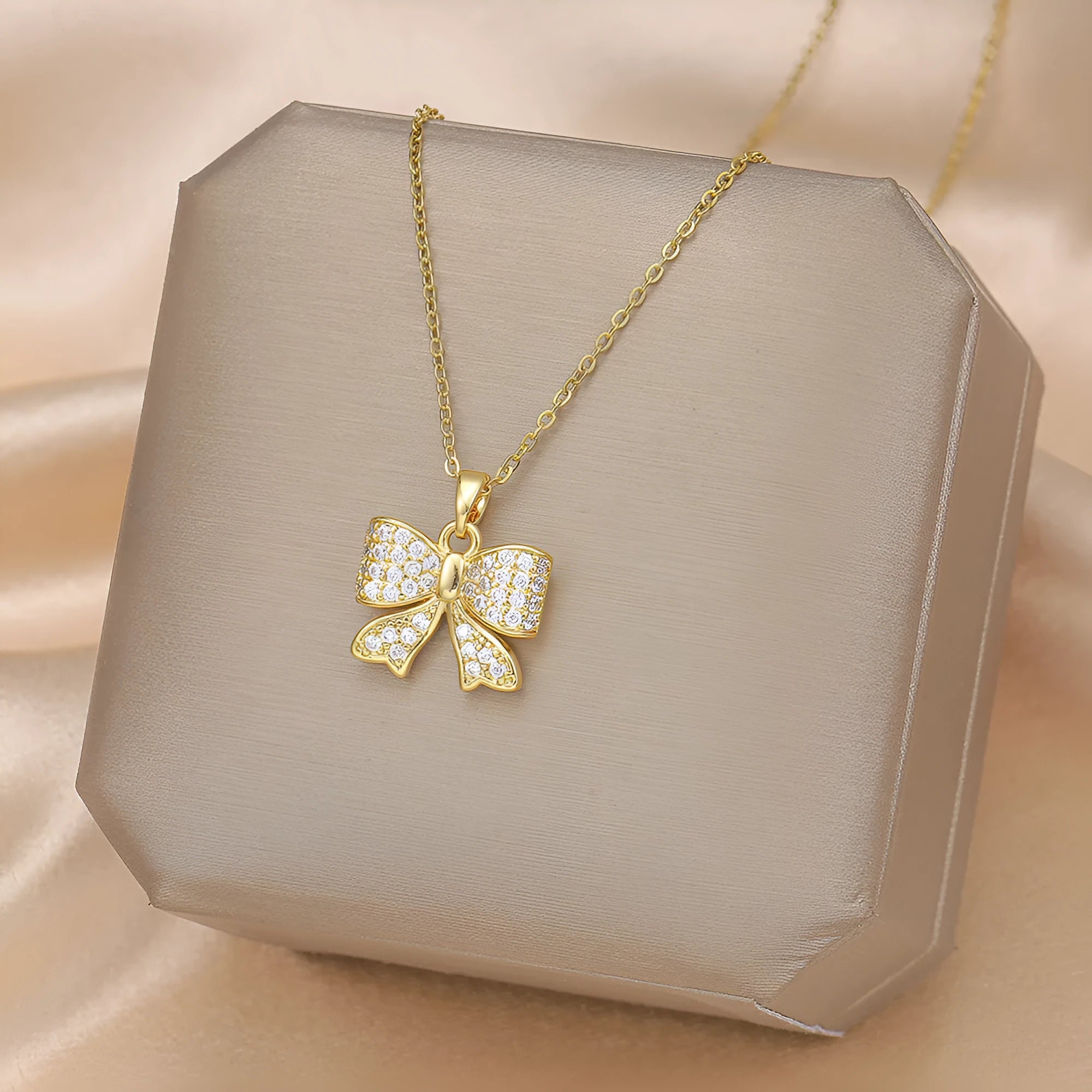 Zircon-inlaid pendant necklace cross chain style titanium steel copper bow colour XL1452-3 adjustable 21-50cm women