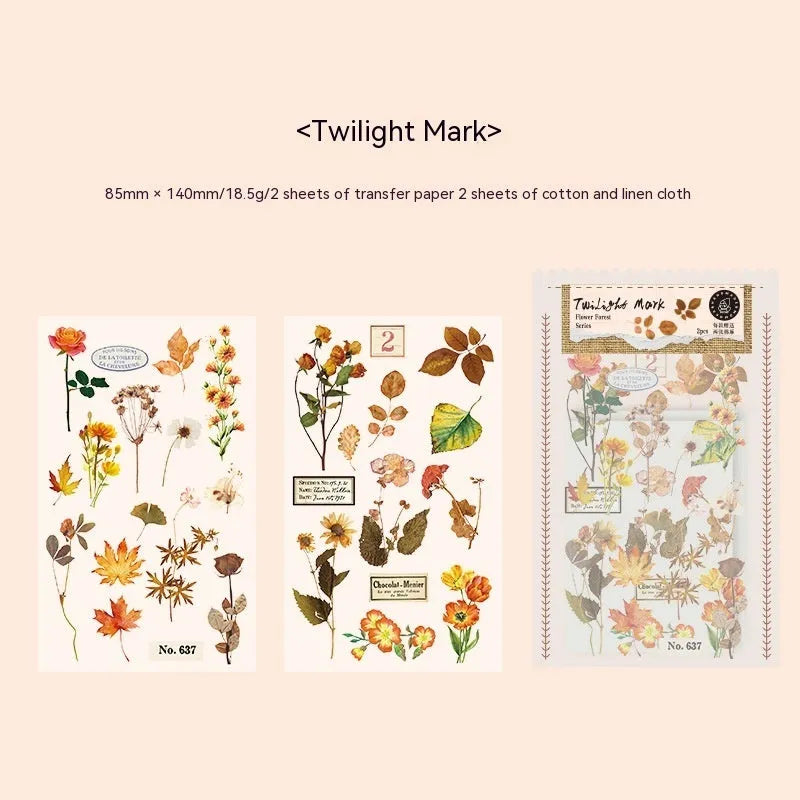 Huazhisen forest art sticker pack showing six colour designs on transfer and cotton linen paper sheets