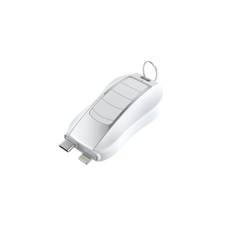 Mini plastic keychain power bank with 1500mAh capacity on a keyring.