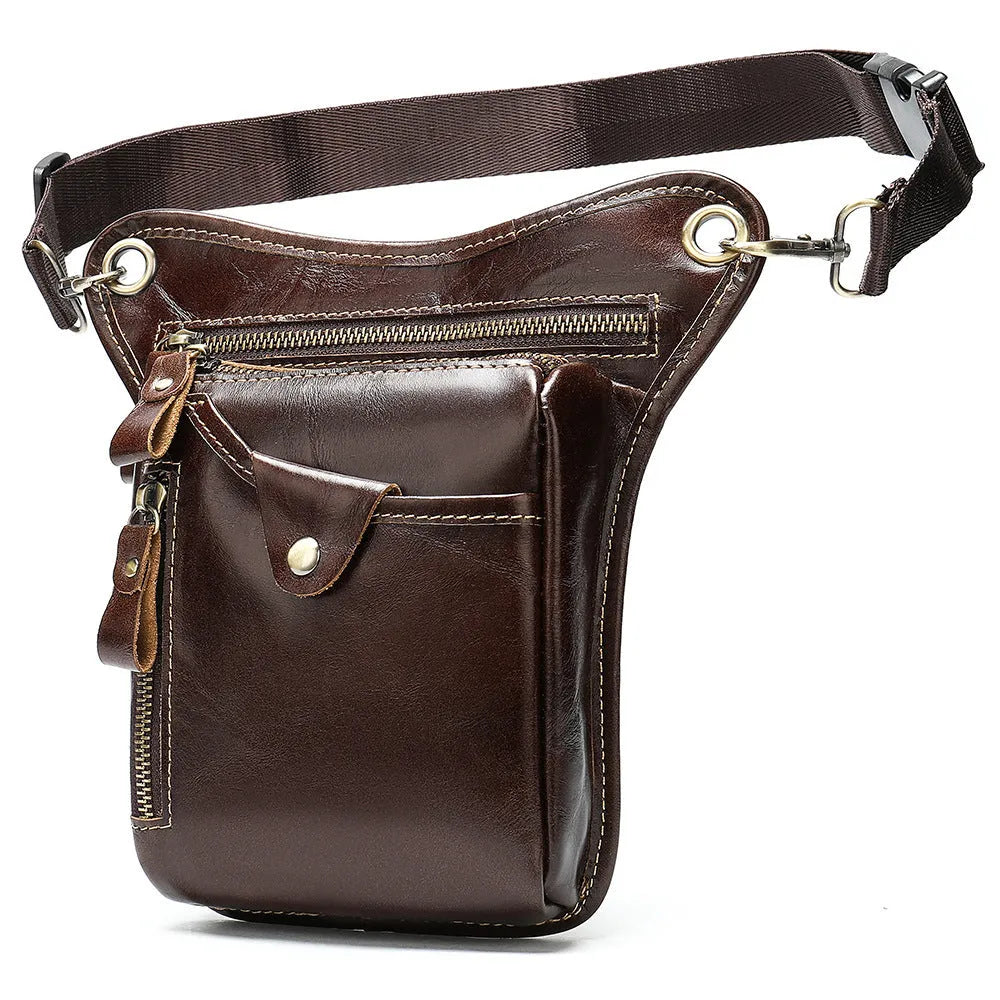Men's brown crazy horse leather vintage satchel bag with flap closure and adjustable shoulder strap.