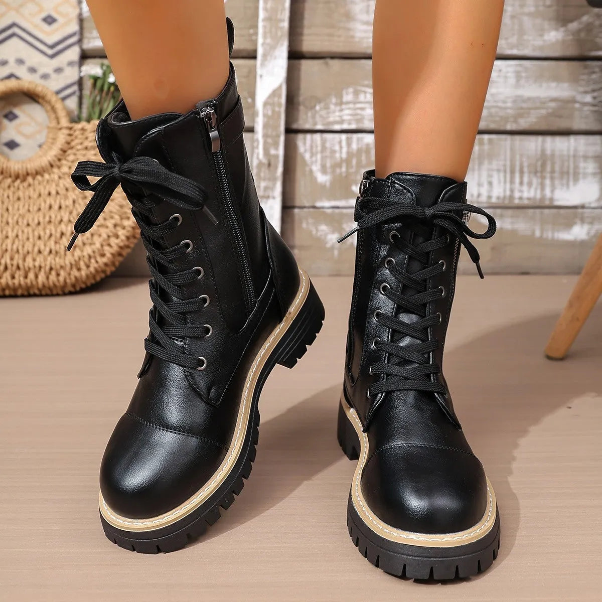 Women's solid colour cowhide low heel middle boots in black