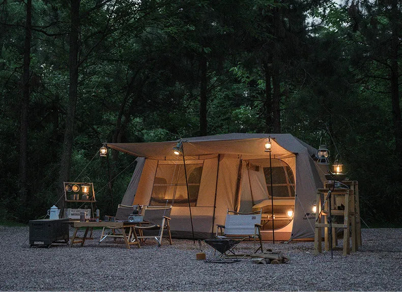 Dark coffee automatic ridge camping tent with two rooms one hall, fabric 10D polyester oxford cloth silver coated