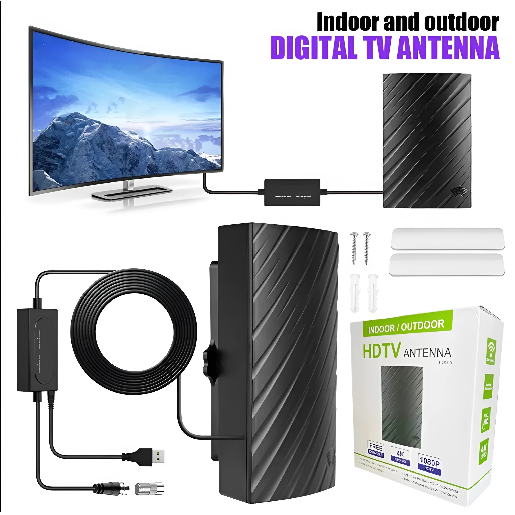 Black digital TV antenna with mounting accessories including expansion tubes and screws