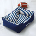 Navy stripes dog kennel mat with removable washable cover and matching mini pillow