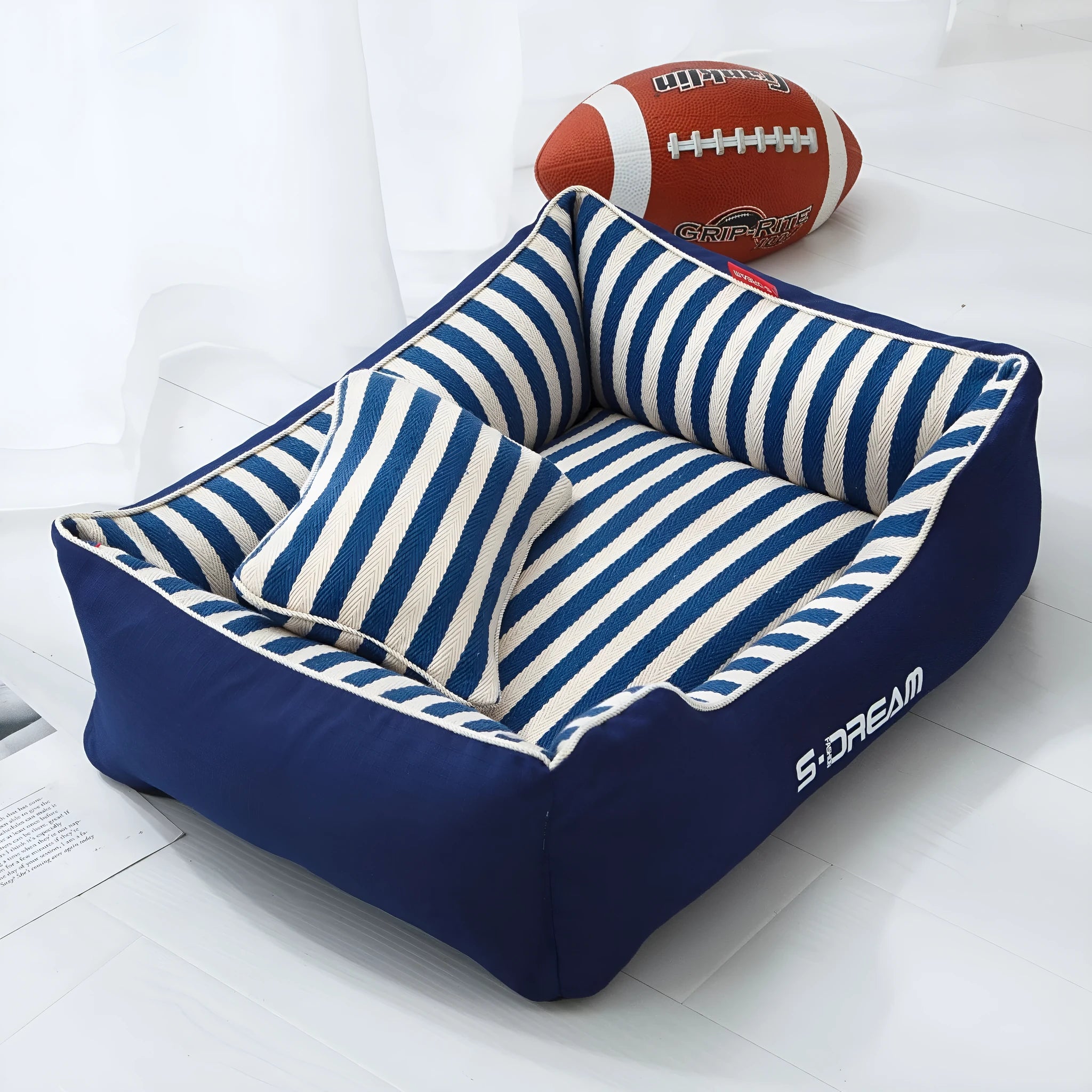 Navy stripes dog kennel mat with removable washable cover and matching mini pillow