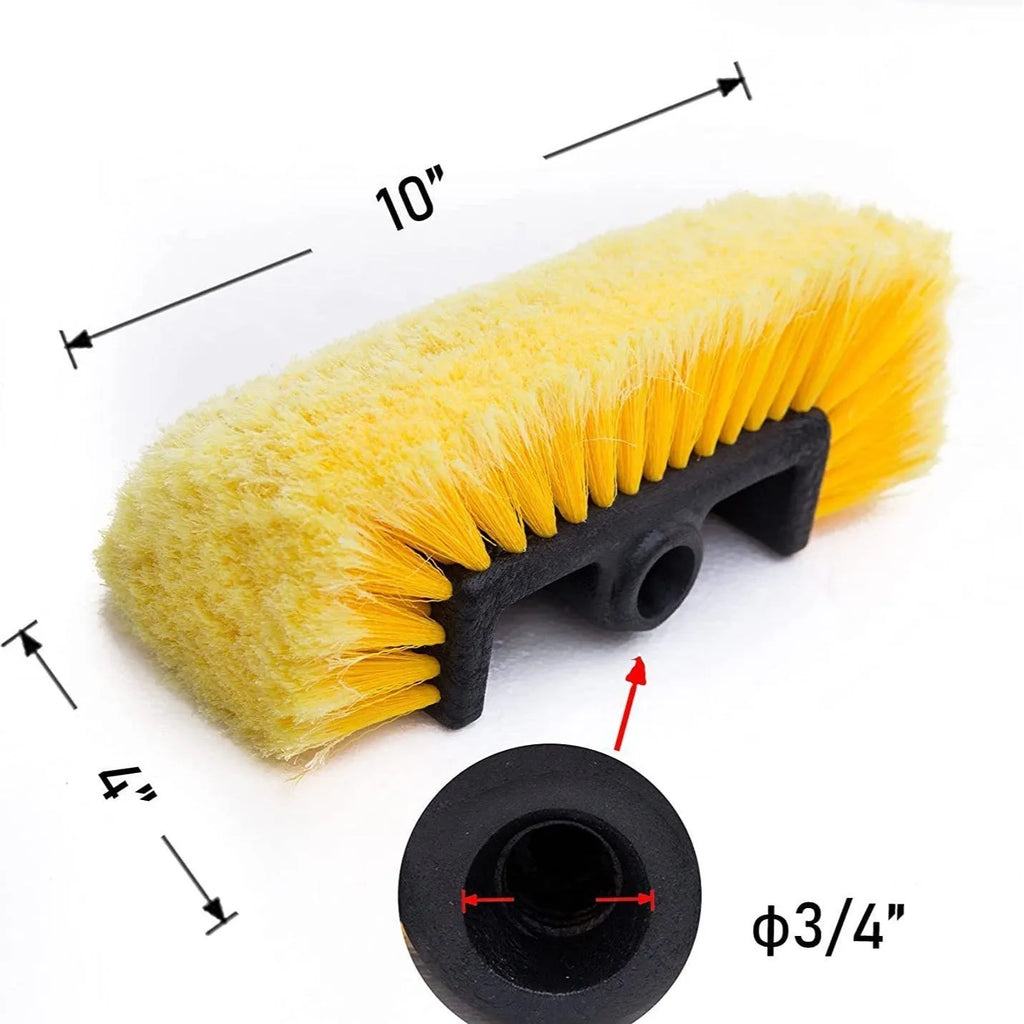 Portable car wash brush with telescopic rod and removable flow-through brush head in multiple colour options
