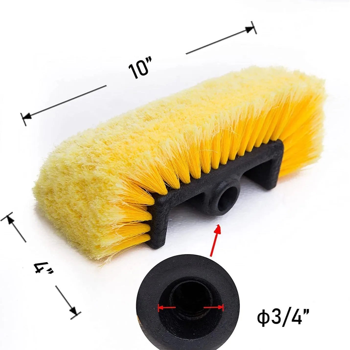 Portable car wash brush with telescopic rod and removable flow-through brush head in multiple colour options