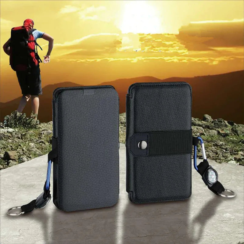 Folding solar panel charger with monocrystalline silicon cells, USB output, and compass buckle in black