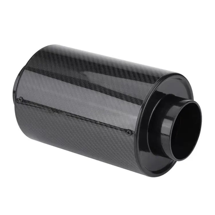 Car modification turbo high flow air box kit in black carbon fibre with stainless steel clamps on a workbench