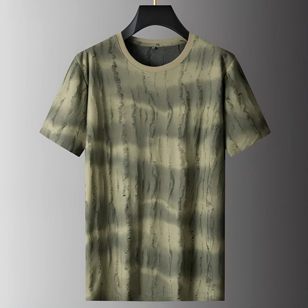 Men's grey plus size round neck t-shirt with short sleeves showing loose fit