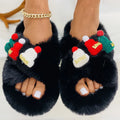Women's Christmas hat decoration super hairy faux plush slippers with rubber sole.