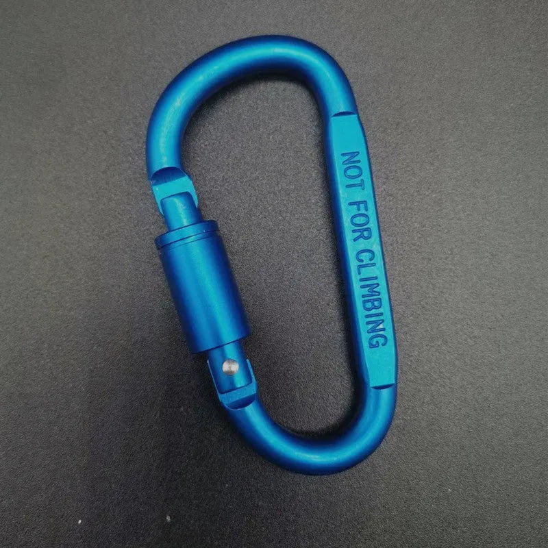 Silver D-shaped aluminium locking carabiner with an 8cm profile on a grey background.