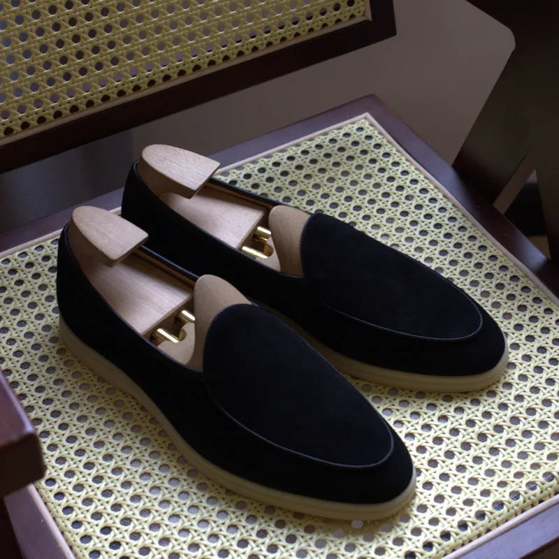 British handmade men's leather loafers in brown with a low-tube sock design and TPR sole.