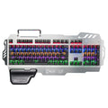 Silver metal gaming keyboard with wrist splint accessory on desktop