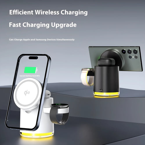 C16 folding three-in-one wireless charger in black showing phone, watch and earphones charging simultaneously