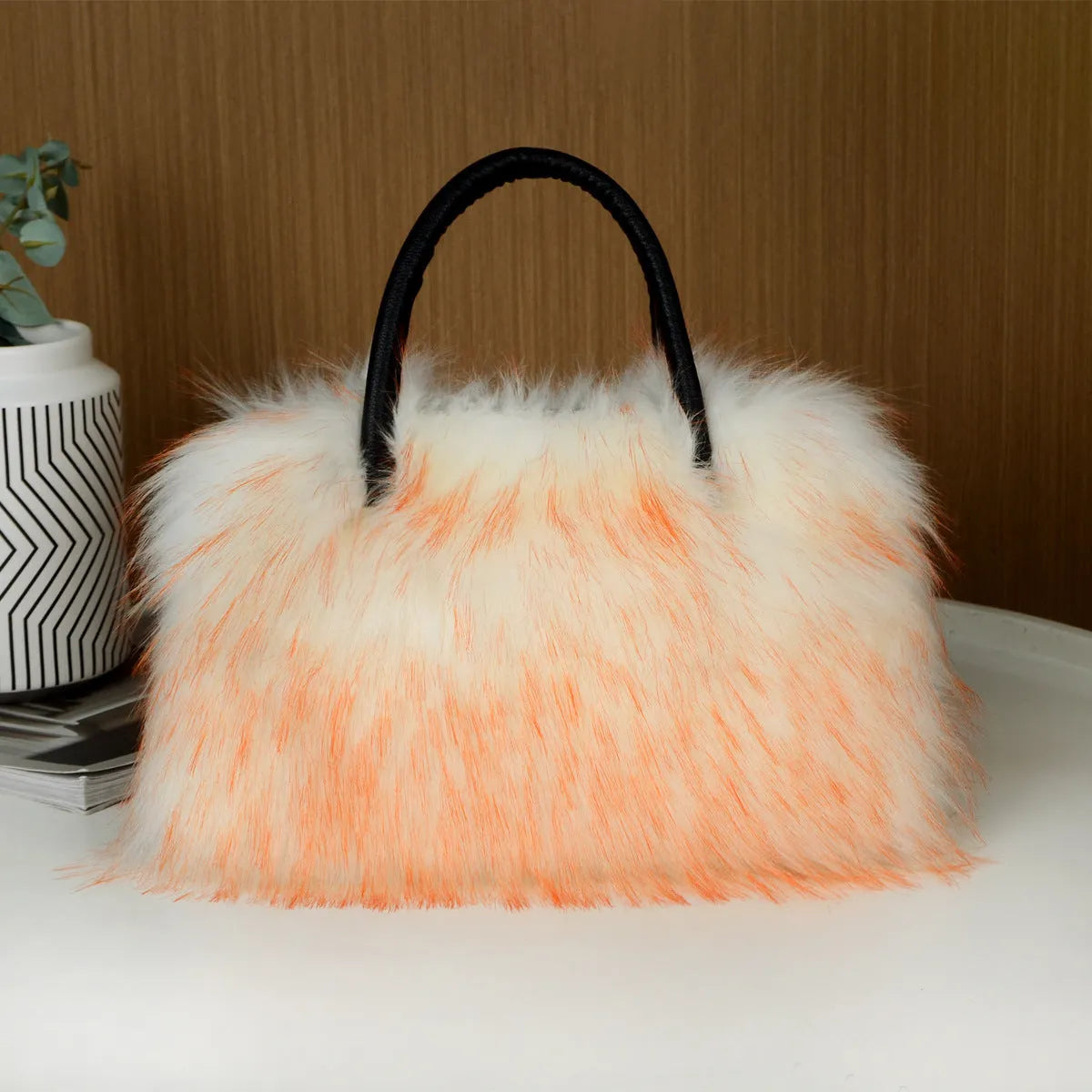 Soft plush handbag shoulder tote with double straps and three-dimensional outer pocket in multiple colours