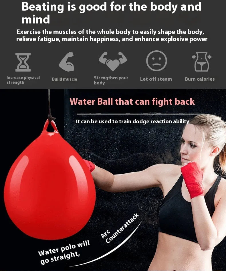 Red water-filled boxing reaction ball with hook rope for martial arts training