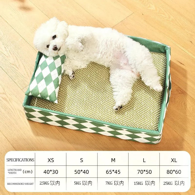 Blue rattan cat litter mat and bed showing woven texture with size options displayed