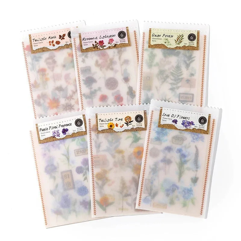 Huazhisen forest art sticker pack showing six colour designs on transfer and cotton linen paper sheets