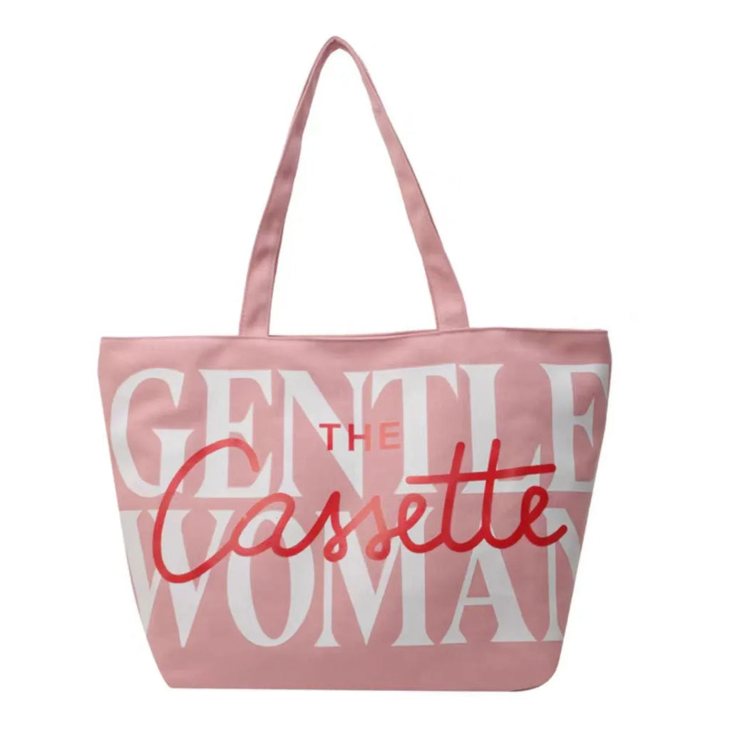 Letter printed canvas tote bag in off white with car stitching detail and top handles