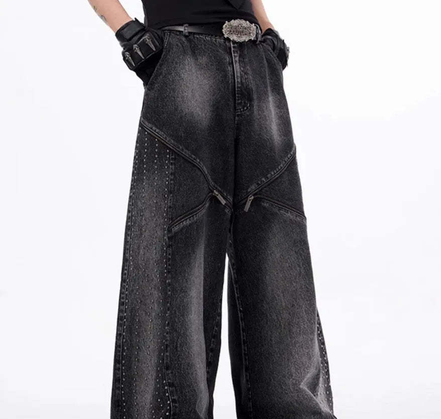 Black and grey structured zipper wide leg pants with washed denim fabric Korean style
